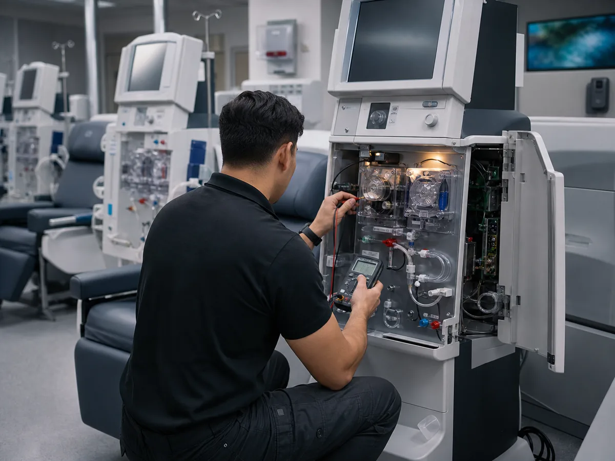 MERG technician testing internal pumps and sensors in an open hemodialysis machine.