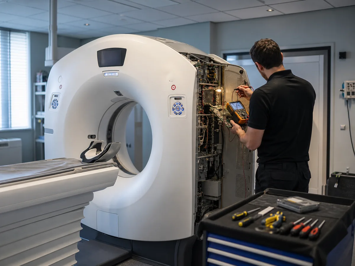 MERG technician diagnosing electronics inside the open service panel of a CT scanner.