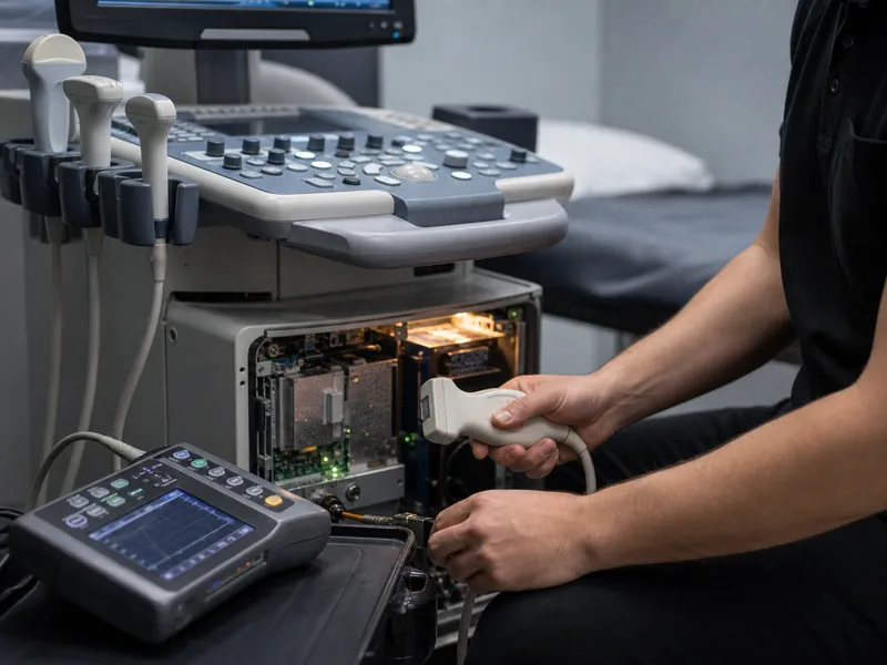 Close view of a technician testing an ultrasound probe and open electronics bay.