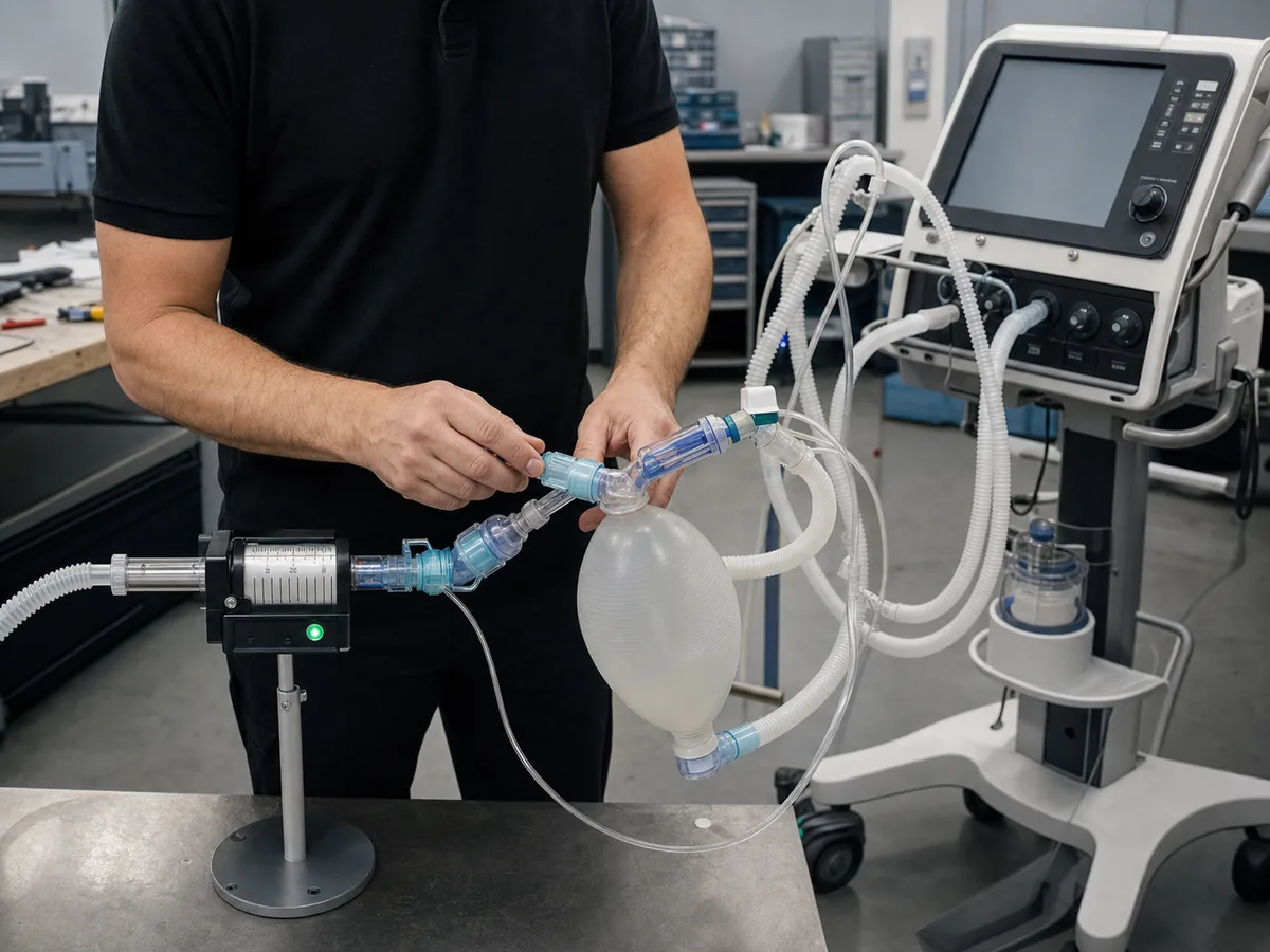 Biomedical technician calibrating a ventilator with a test lung and flow analyzer.
