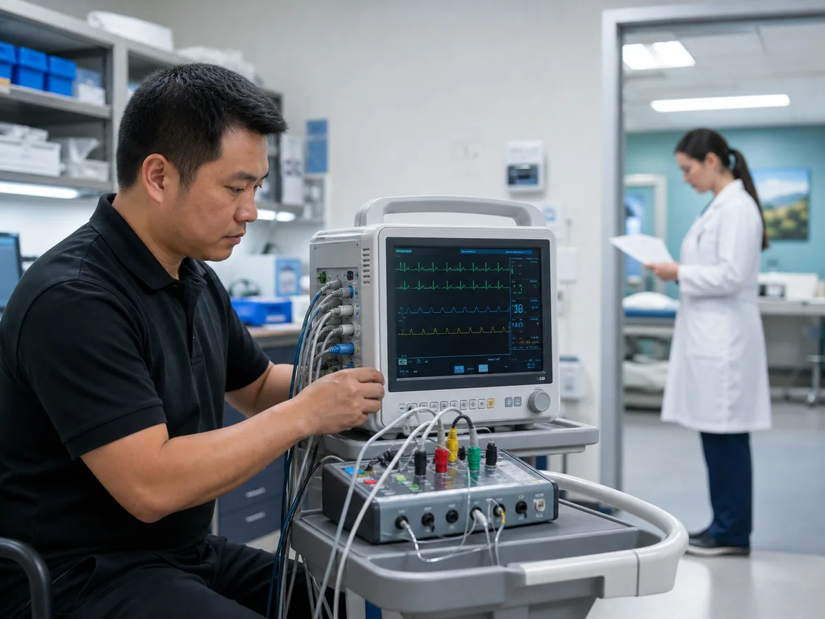 Technician verifying a multiparameter patient monitor while a physician reviews the service handoff.