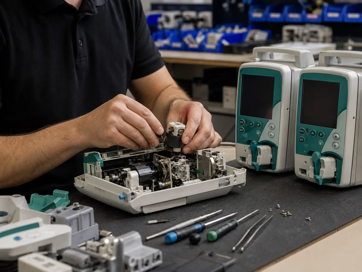 A MERG technician repairing the internals of a small clinical instrument at the bench
